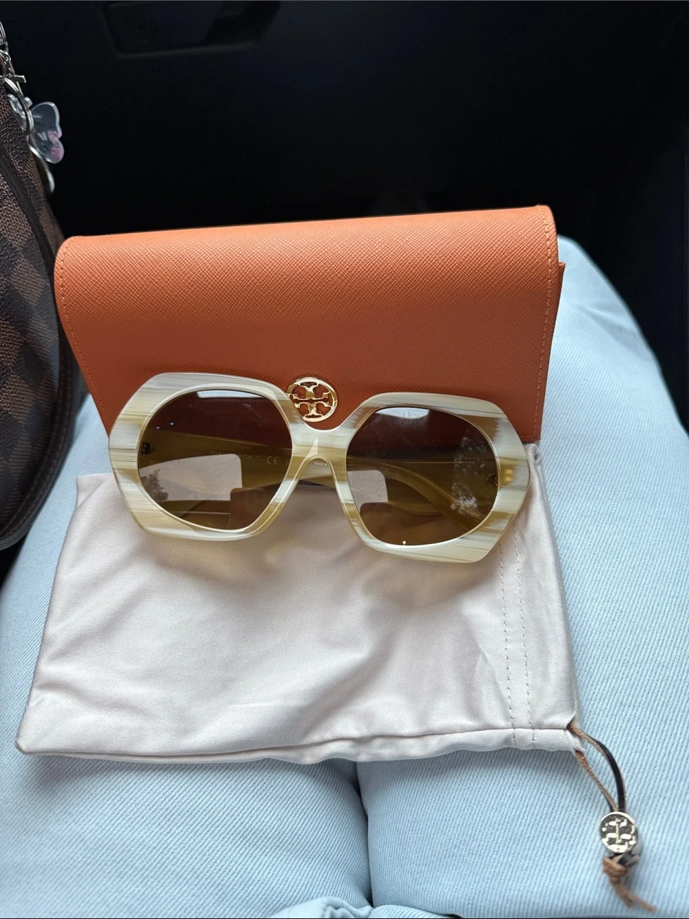 Tory Burch Cream Striped Hexagon Sunglasses with Brown Lenses